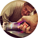 Juris Upatnieks viewing Litiholo Hologram Kit - 2013